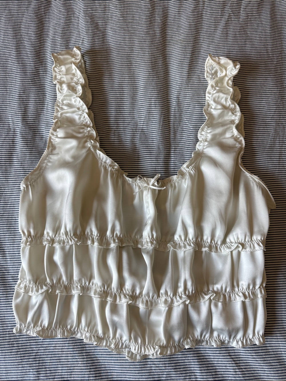 Satin Ruffle Crop Tank Top in Ivory